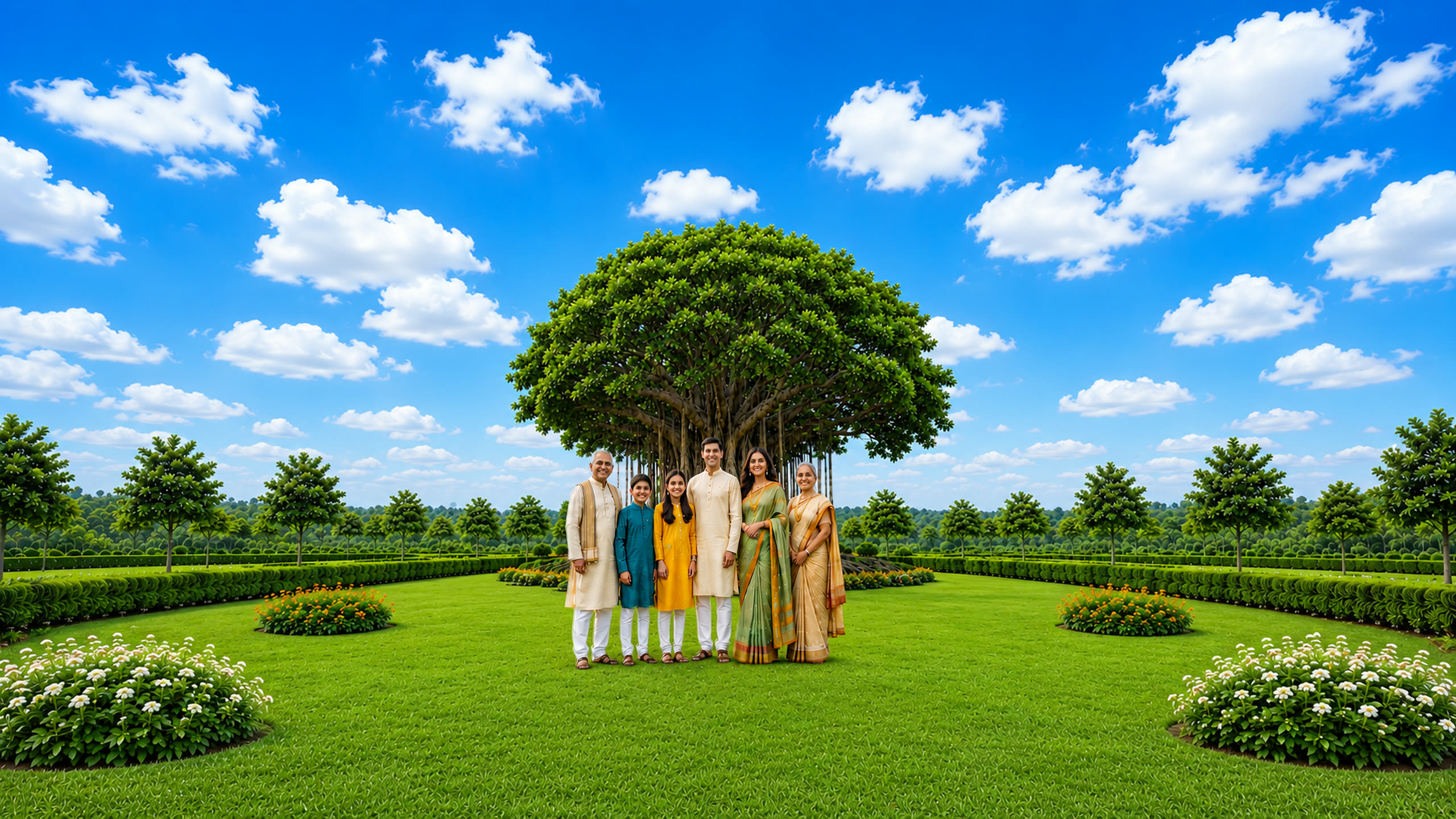Three generations of an Indian family walking hand in hand along a sunlit garden path, representing family legacy and wealth.